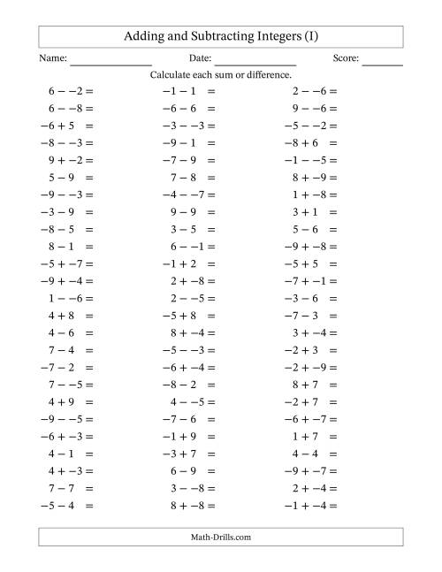 The Adding and Subtracting Mixed Integers from -9 to 9 (75 Questions; No Parentheses) (I) Math Worksheet