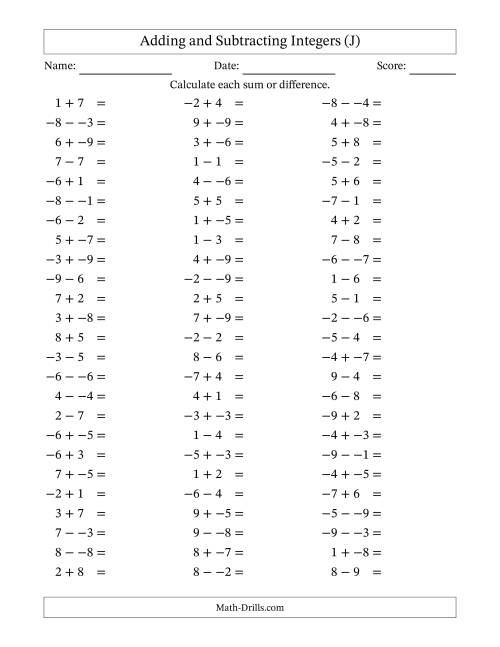 The Adding and Subtracting Mixed Integers from -9 to 9 (75 Questions; No Parentheses) (J) Math Worksheet