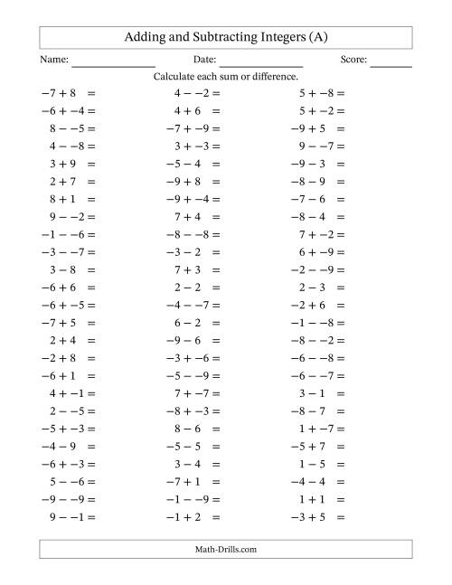The Adding and Subtracting Mixed Integers from -9 to 9 (75 Questions; No Parentheses) (All) Math Worksheet