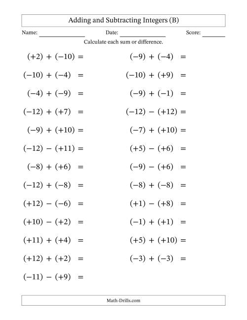 The Adding and Subtracting Mixed Integers from -12 to 12 (25 Questions; Large Print; All Parentheses) (B) Math Worksheet