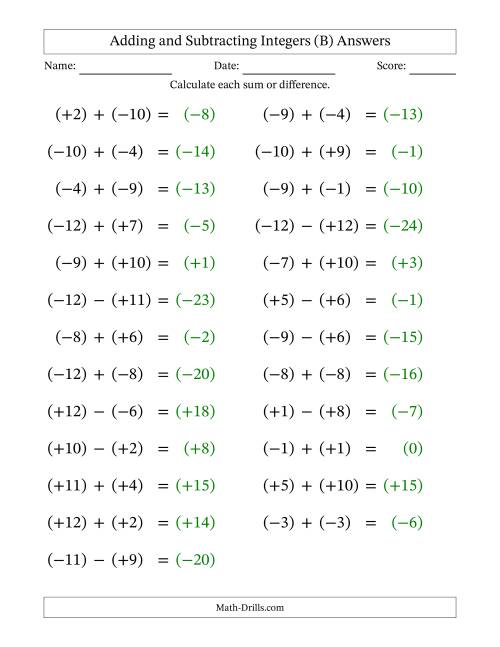 The Adding and Subtracting Mixed Integers from -12 to 12 (25 Questions; Large Print; All Parentheses) (B) Math Worksheet Page 2
