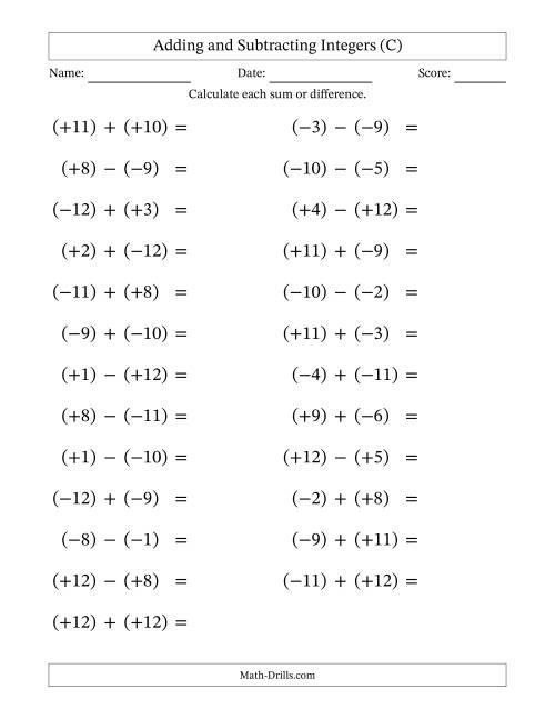 The Adding and Subtracting Mixed Integers from -12 to 12 (25 Questions; Large Print; All Parentheses) (C) Math Worksheet