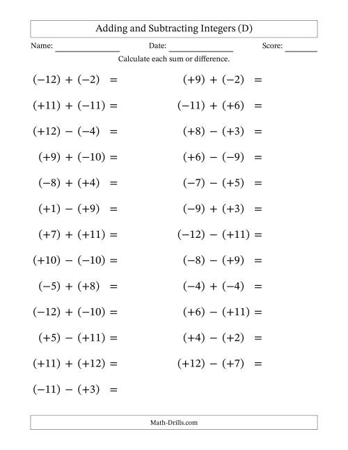 The Adding and Subtracting Mixed Integers from -12 to 12 (25 Questions; Large Print; All Parentheses) (D) Math Worksheet