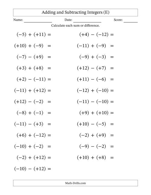 The Adding and Subtracting Mixed Integers from -12 to 12 (25 Questions; Large Print; All Parentheses) (E) Math Worksheet