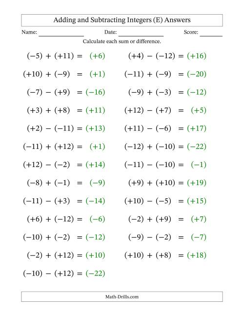The Adding and Subtracting Mixed Integers from -12 to 12 (25 Questions; Large Print; All Parentheses) (E) Math Worksheet Page 2