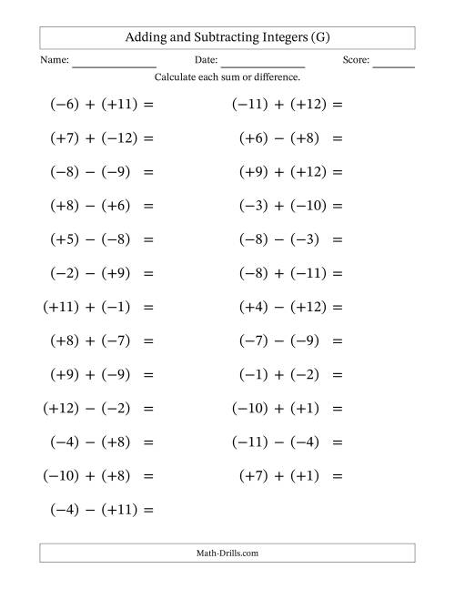 The Adding and Subtracting Mixed Integers from -12 to 12 (25 Questions; Large Print; All Parentheses) (G) Math Worksheet