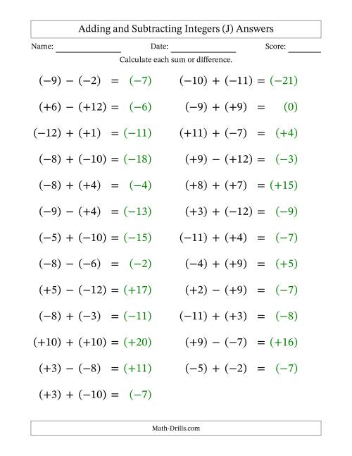 The Adding and Subtracting Mixed Integers from -12 to 12 (25 Questions; Large Print; All Parentheses) (J) Math Worksheet Page 2