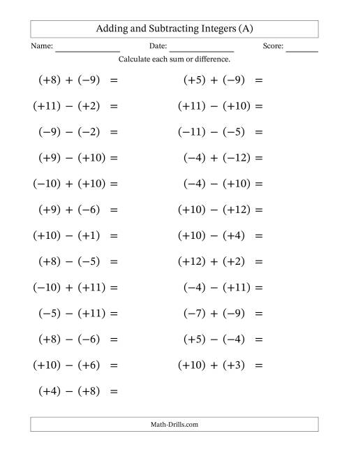 The Adding and Subtracting Mixed Integers from -12 to 12 (25 Questions; Large Print; All Parentheses) (All) Math Worksheet