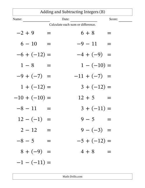 The Adding and Subtracting Mixed Integers from -12 to 12 (25 Questions; Large Print) (B) Math Worksheet