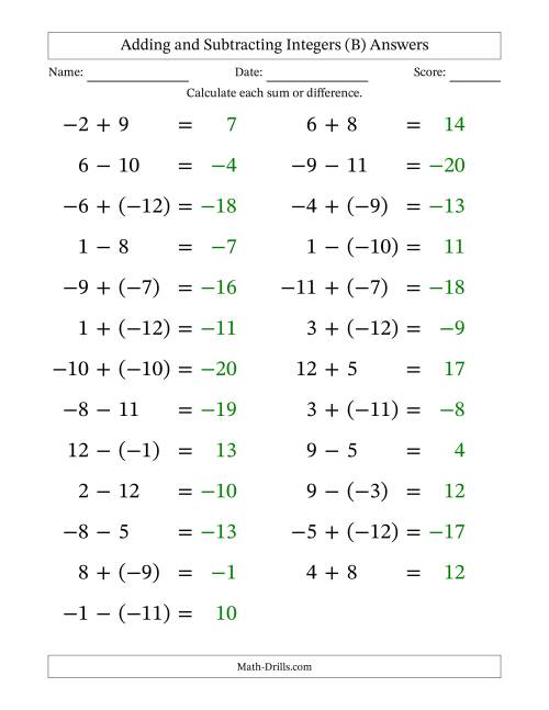 The Adding and Subtracting Mixed Integers from -12 to 12 (25 Questions; Large Print) (B) Math Worksheet Page 2