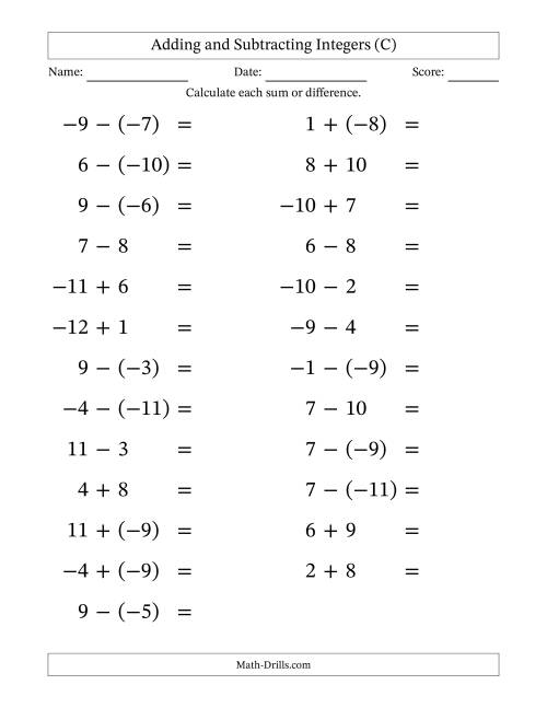 The Adding and Subtracting Mixed Integers from -12 to 12 (25 Questions; Large Print) (C) Math Worksheet