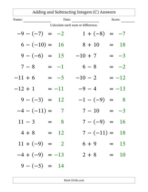 The Adding and Subtracting Mixed Integers from -12 to 12 (25 Questions; Large Print) (C) Math Worksheet Page 2