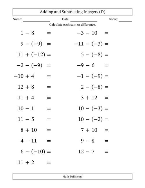 The Adding and Subtracting Mixed Integers from -12 to 12 (25 Questions; Large Print) (D) Math Worksheet
