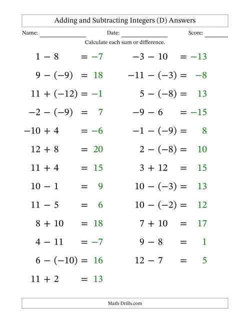 The Adding and Subtracting Mixed Integers from -12 to 12 (25 Questions; Large Print) (D) Math Worksheet Page 2
