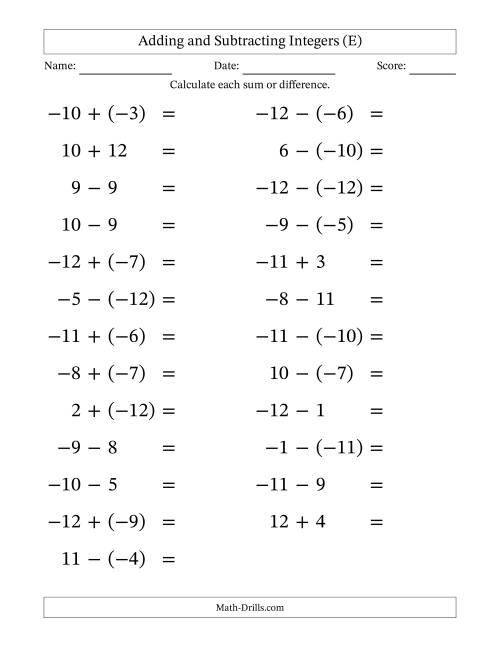 The Adding and Subtracting Mixed Integers from -12 to 12 (25 Questions; Large Print) (E) Math Worksheet