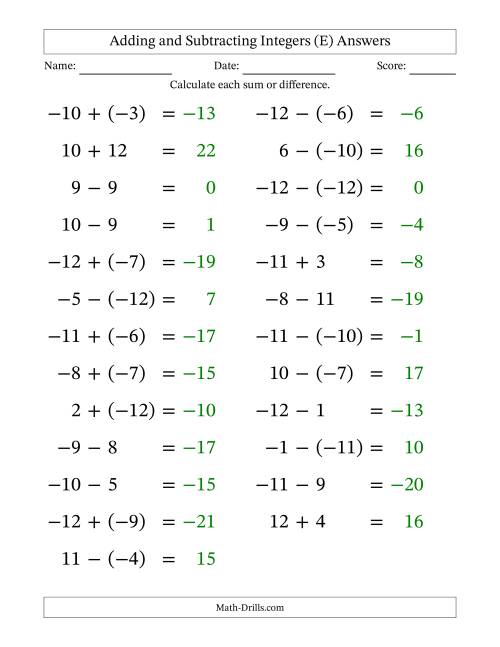 The Adding and Subtracting Mixed Integers from -12 to 12 (25 Questions; Large Print) (E) Math Worksheet Page 2