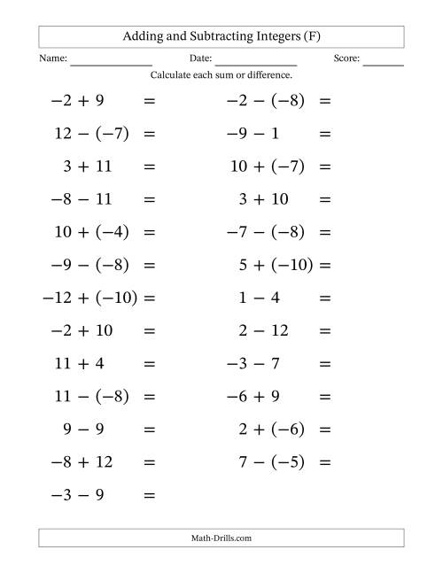 The Adding and Subtracting Mixed Integers from -12 to 12 (25 Questions; Large Print) (F) Math Worksheet
