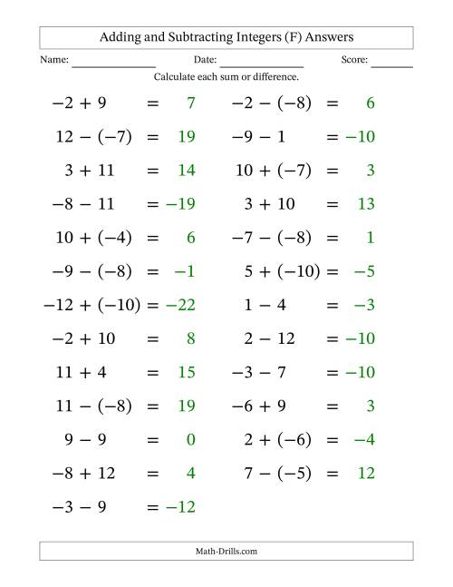 The Adding and Subtracting Mixed Integers from -12 to 12 (25 Questions; Large Print) (F) Math Worksheet Page 2