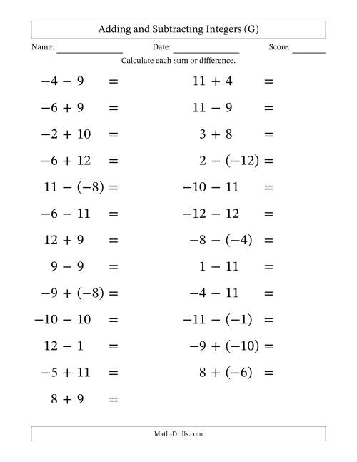 The Adding and Subtracting Mixed Integers from -12 to 12 (25 Questions; Large Print) (G) Math Worksheet