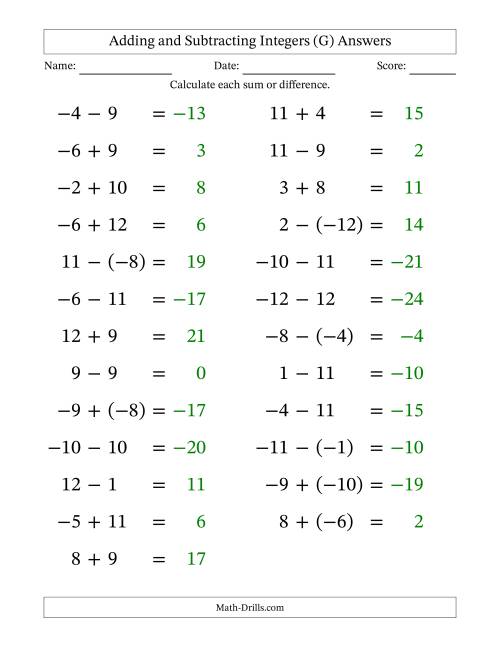 The Adding and Subtracting Mixed Integers from -12 to 12 (25 Questions; Large Print) (G) Math Worksheet Page 2
