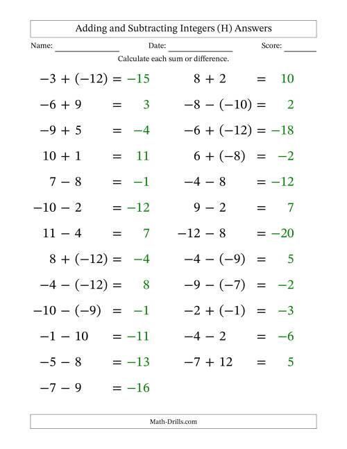 The Adding and Subtracting Mixed Integers from -12 to 12 (25 Questions; Large Print) (H) Math Worksheet Page 2