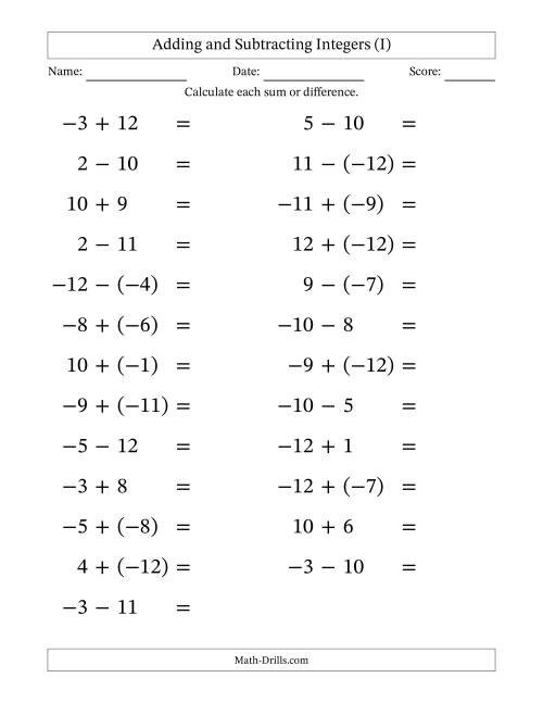The Adding and Subtracting Mixed Integers from -12 to 12 (25 Questions; Large Print) (I) Math Worksheet