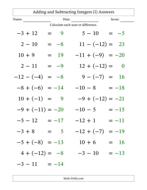 The Adding and Subtracting Mixed Integers from -12 to 12 (25 Questions; Large Print) (I) Math Worksheet Page 2
