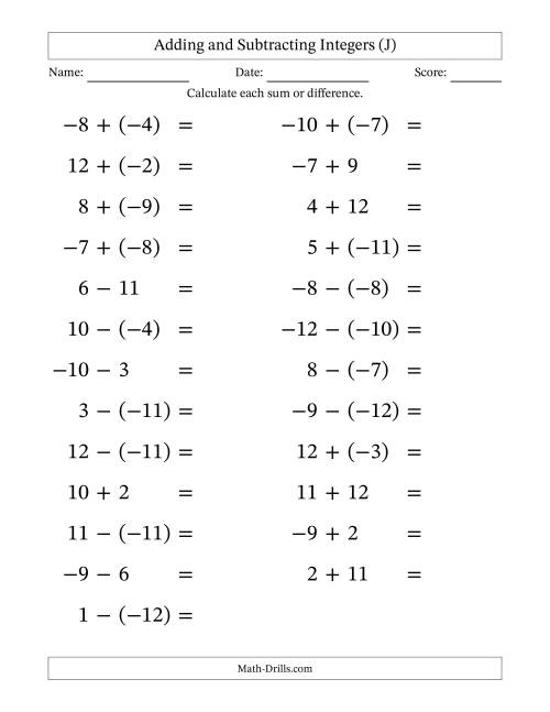 The Adding and Subtracting Mixed Integers from -12 to 12 (25 Questions; Large Print) (J) Math Worksheet