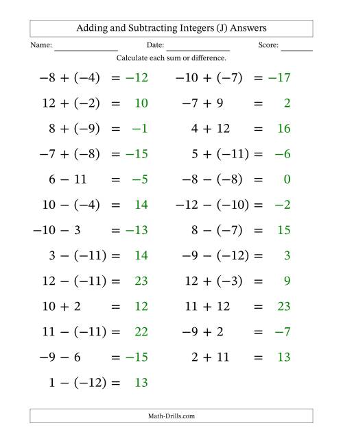 The Adding and Subtracting Mixed Integers from -12 to 12 (25 Questions; Large Print) (J) Math Worksheet Page 2