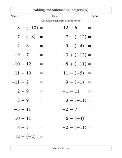 The Adding and Subtracting Mixed Integers from -12 to 12 (25 Questions; Large Print) (All) Math Worksheet