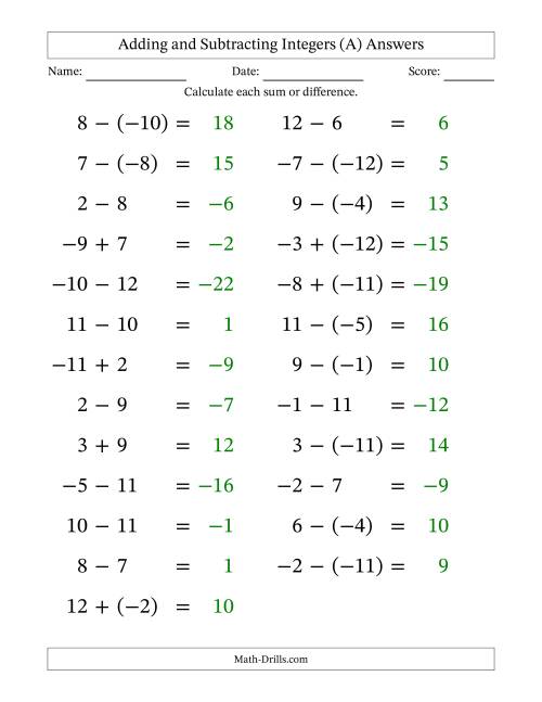 The Adding and Subtracting Mixed Integers from -12 to 12 (25 Questions; Large Print) (All) Math Worksheet Page 2