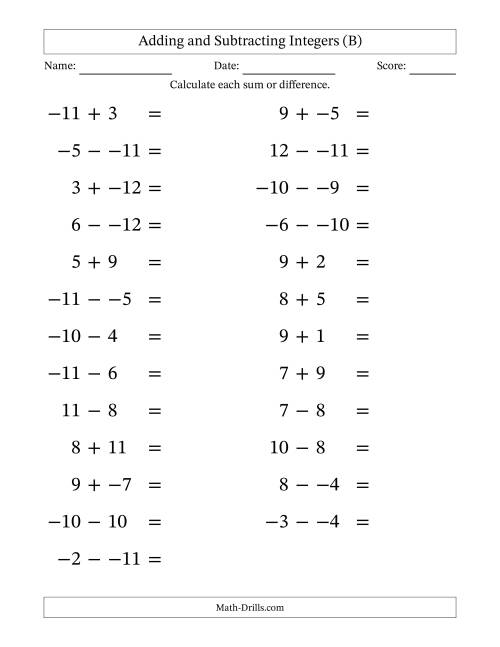 The Adding and Subtracting Mixed Integers from -12 to 12 (25 Questions; Large Print; No Parentheses) (B) Math Worksheet