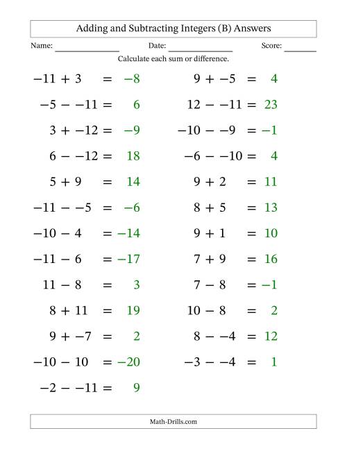 The Adding and Subtracting Mixed Integers from -12 to 12 (25 Questions; Large Print; No Parentheses) (B) Math Worksheet Page 2