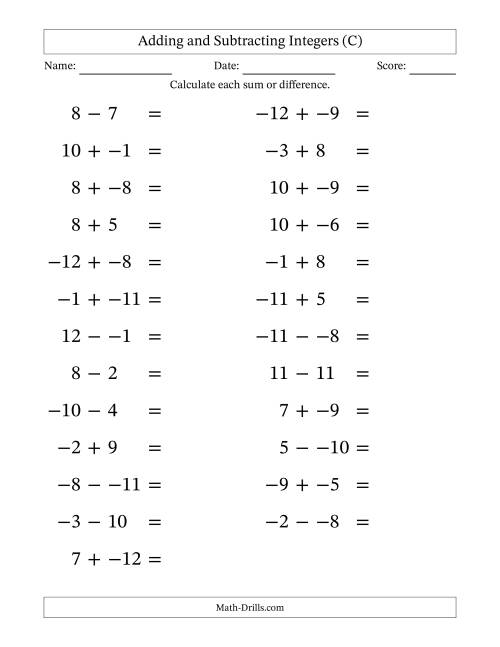The Adding and Subtracting Mixed Integers from -12 to 12 (25 Questions; Large Print; No Parentheses) (C) Math Worksheet