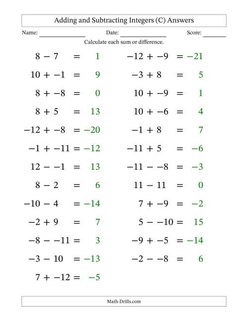 The Adding and Subtracting Mixed Integers from -12 to 12 (25 Questions; Large Print; No Parentheses) (C) Math Worksheet Page 2