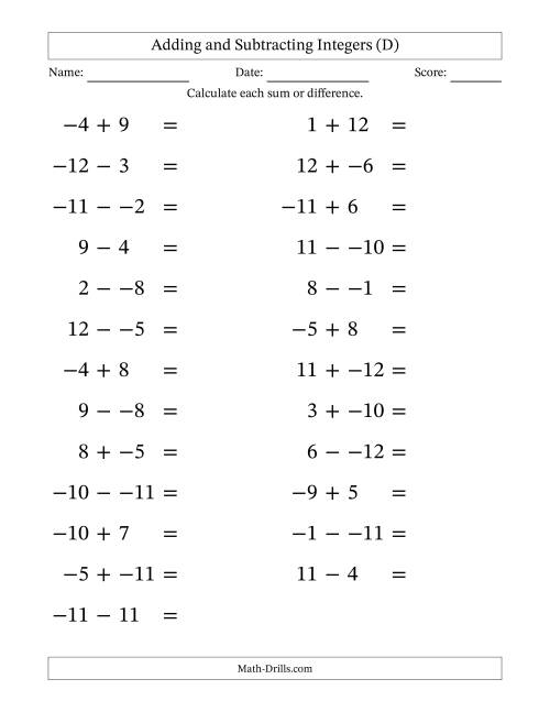 The Adding and Subtracting Mixed Integers from -12 to 12 (25 Questions; Large Print; No Parentheses) (D) Math Worksheet