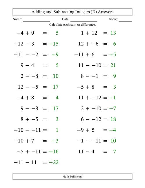 The Adding and Subtracting Mixed Integers from -12 to 12 (25 Questions; Large Print; No Parentheses) (D) Math Worksheet Page 2