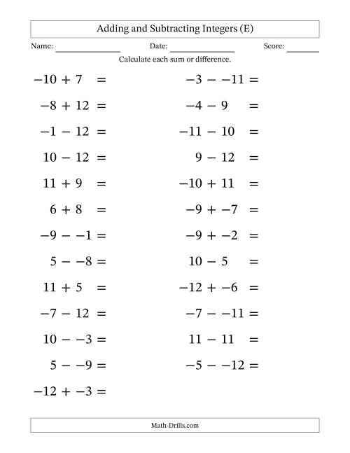 The Adding and Subtracting Mixed Integers from -12 to 12 (25 Questions; Large Print; No Parentheses) (E) Math Worksheet
