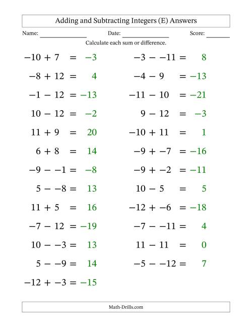 The Adding and Subtracting Mixed Integers from -12 to 12 (25 Questions; Large Print; No Parentheses) (E) Math Worksheet Page 2
