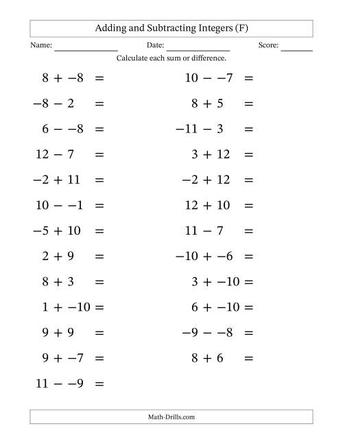 The Adding and Subtracting Mixed Integers from -12 to 12 (25 Questions; Large Print; No Parentheses) (F) Math Worksheet