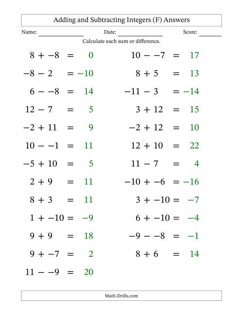 The Adding and Subtracting Mixed Integers from -12 to 12 (25 Questions; Large Print; No Parentheses) (F) Math Worksheet Page 2
