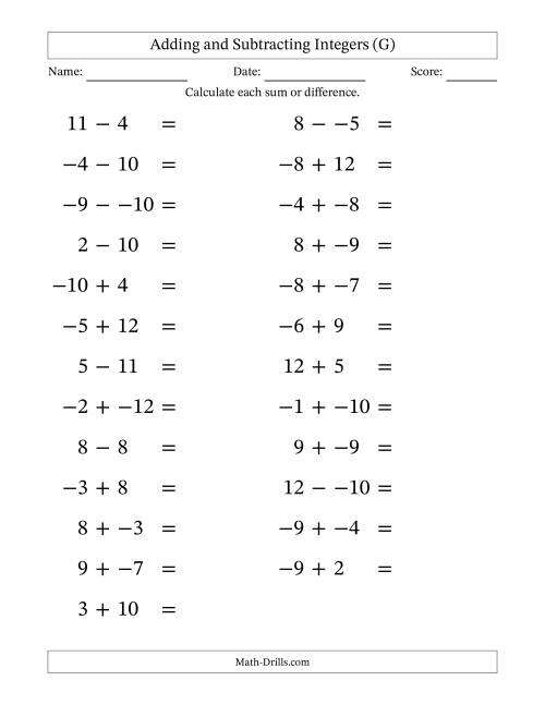 The Adding and Subtracting Mixed Integers from -12 to 12 (25 Questions; Large Print; No Parentheses) (G) Math Worksheet