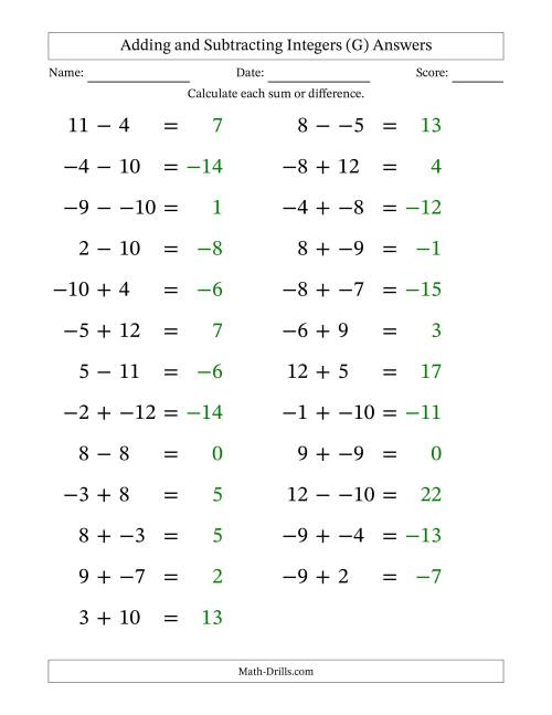 The Adding and Subtracting Mixed Integers from -12 to 12 (25 Questions; Large Print; No Parentheses) (G) Math Worksheet Page 2