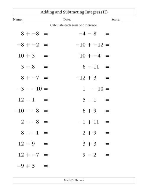 The Adding and Subtracting Mixed Integers from -12 to 12 (25 Questions; Large Print; No Parentheses) (H) Math Worksheet