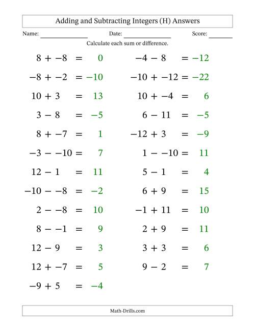 The Adding and Subtracting Mixed Integers from -12 to 12 (25 Questions; Large Print; No Parentheses) (H) Math Worksheet Page 2