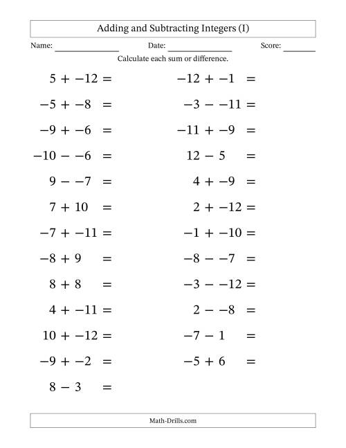 The Adding and Subtracting Mixed Integers from -12 to 12 (25 Questions; Large Print; No Parentheses) (I) Math Worksheet