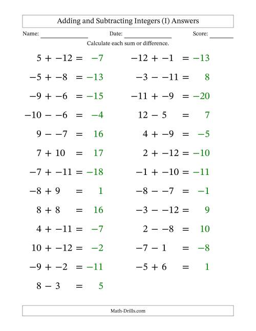 The Adding and Subtracting Mixed Integers from -12 to 12 (25 Questions; Large Print; No Parentheses) (I) Math Worksheet Page 2