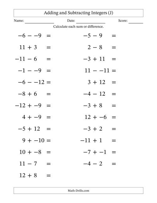 The Adding and Subtracting Mixed Integers from -12 to 12 (25 Questions; Large Print; No Parentheses) (J) Math Worksheet