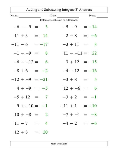 The Adding and Subtracting Mixed Integers from -12 to 12 (25 Questions; Large Print; No Parentheses) (J) Math Worksheet Page 2