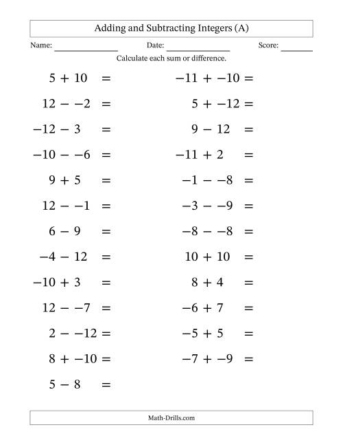 The Adding and Subtracting Mixed Integers from -12 to 12 (25 Questions; Large Print; No Parentheses) (All) Math Worksheet